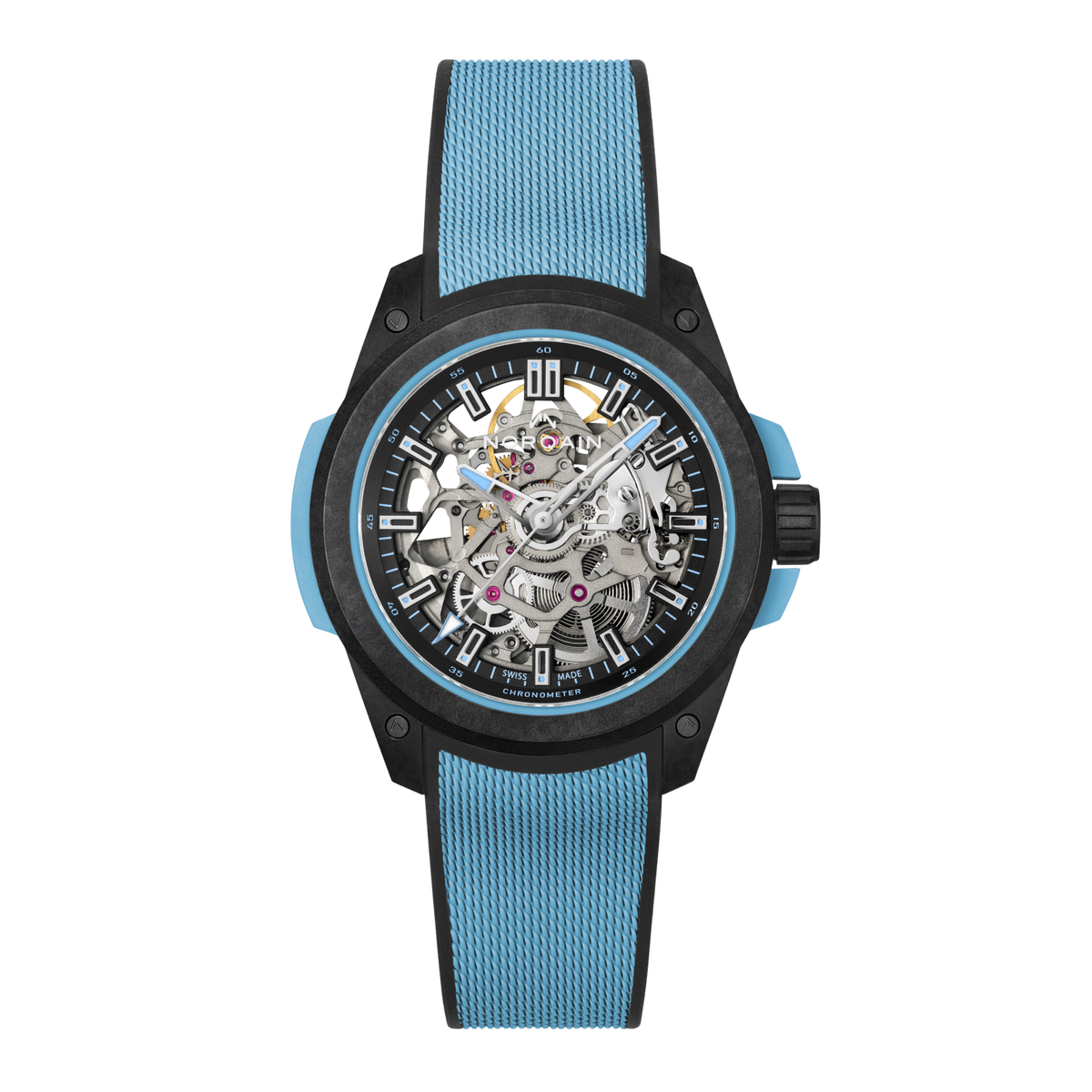 Front view of the Norqain Independence Skeleton Watch with a black performance case, light blue rubber strap and open-worked dial showcasing the Swiss automatic movement.