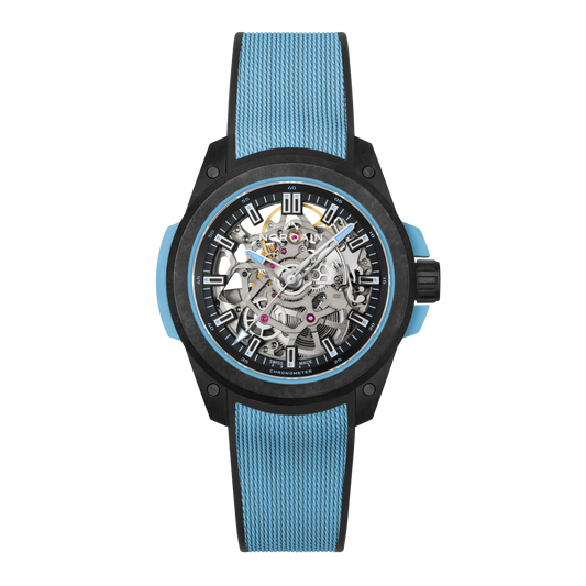 Front view of the Norqain Independence Skeleton Watch with a black performance case, light blue rubber strap and open-worked dial showcasing the Swiss automatic movement.