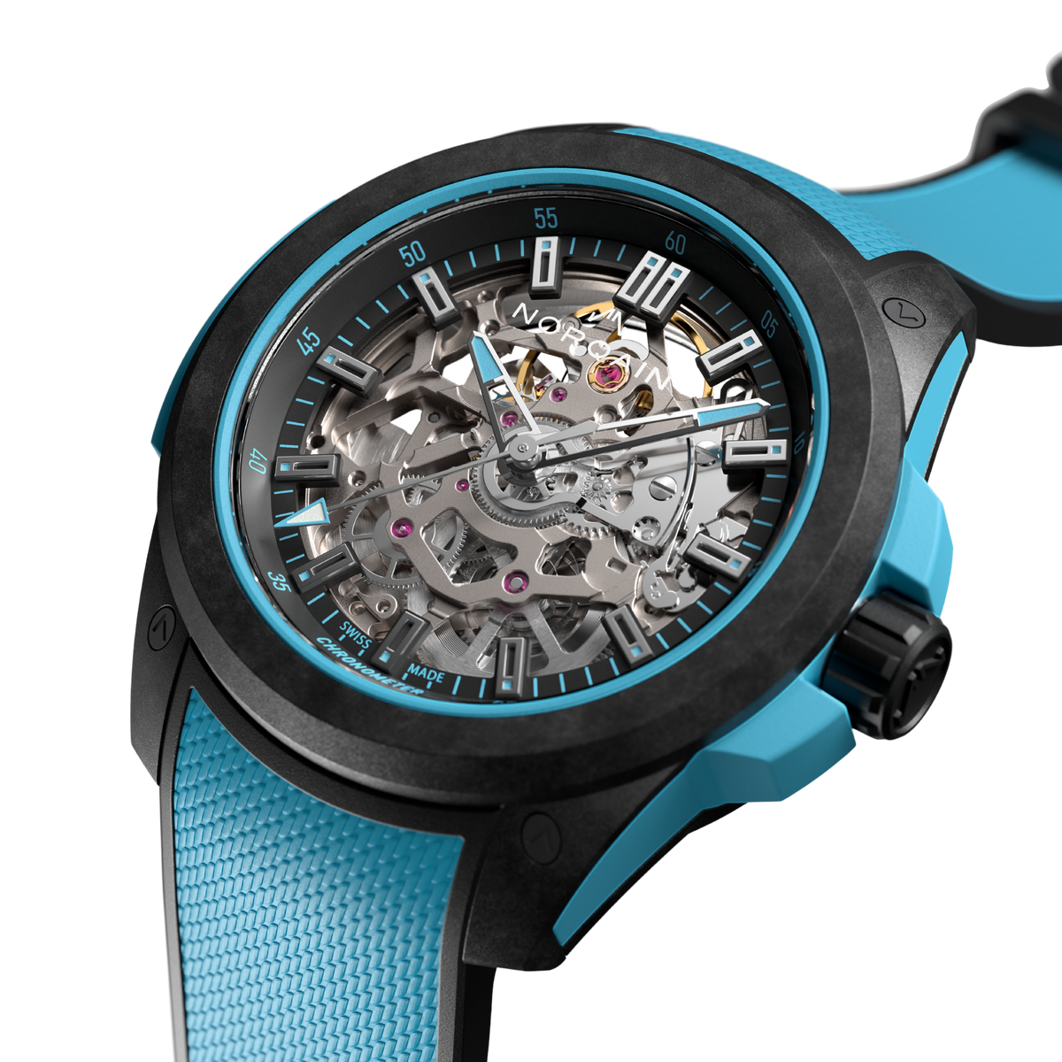Watch with blue strap and black and blue case on a white background