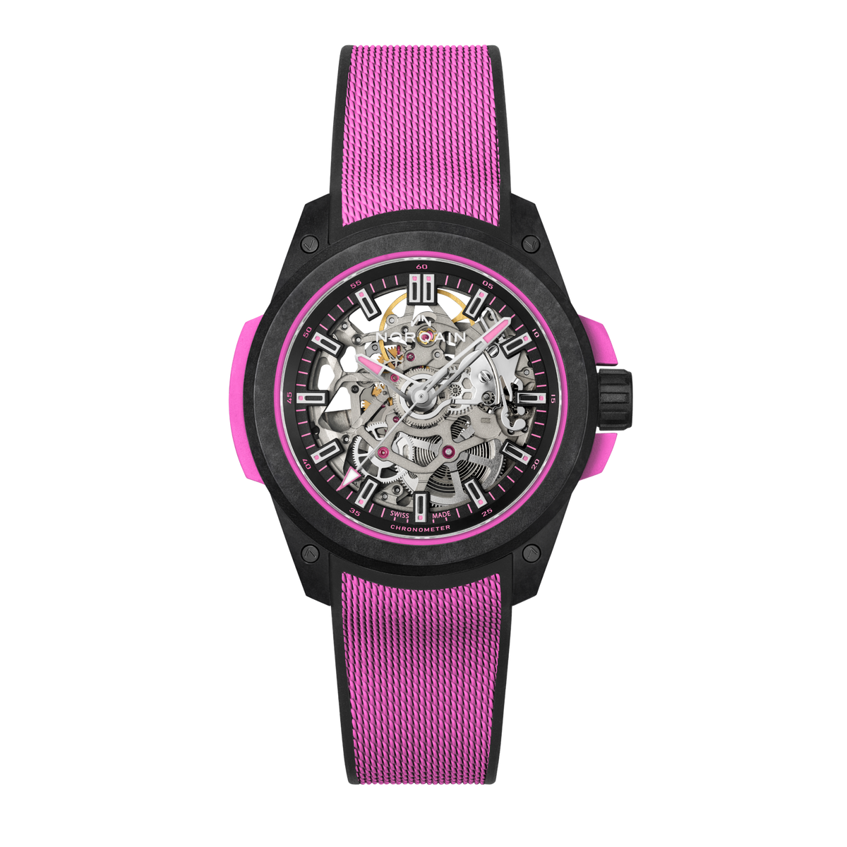 Front view of the Norqain Independence Skeleton Watch featuring a black high-performance case, vibrant pink rubber strap and open-worked dial revealing the intricate Swiss automatic movement.