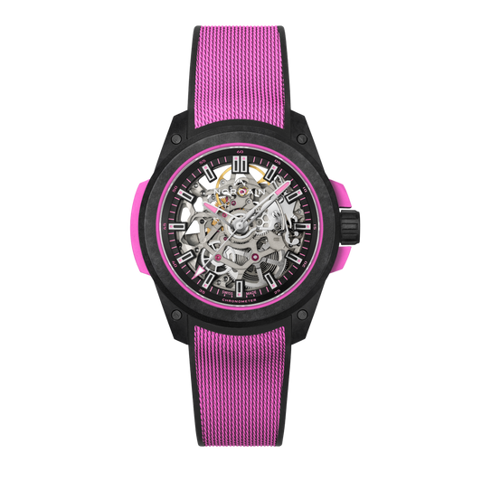 Front view of the Norqain Independence Skeleton Watch featuring a black high-performance case, vibrant pink rubber strap and open-worked dial revealing the intricate Swiss automatic movement.