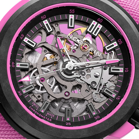 Detailed product image of the Norqain skeleton sports watch with bold pink accents, exposed mechanical architecture and a modern black case designed for standout everyday wear.