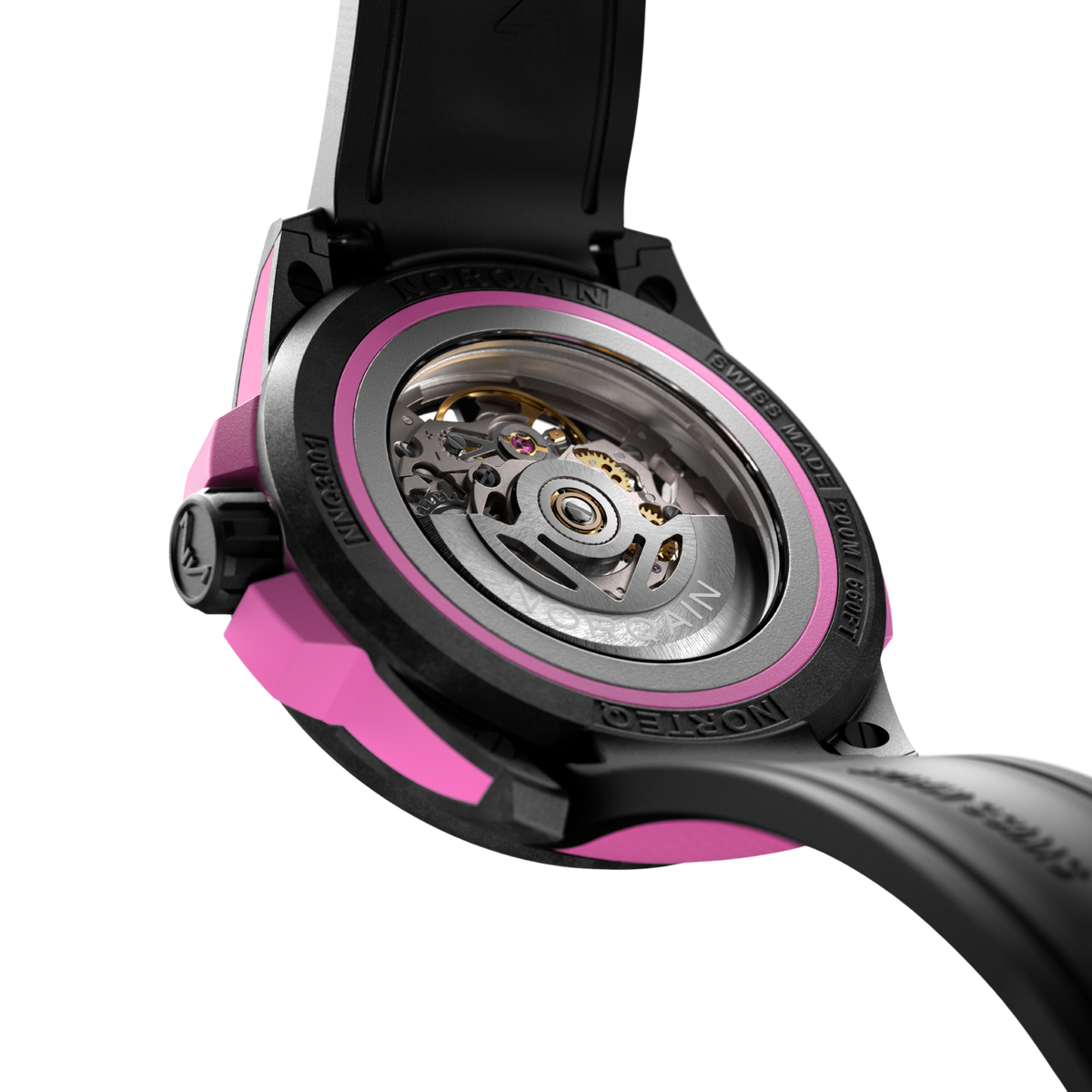 Swiss-made Norqain skeleton watch case back with a black performance case, pink integrated rubber strap and open-heart dial design highlighting the precision-engineered automatic calibre.