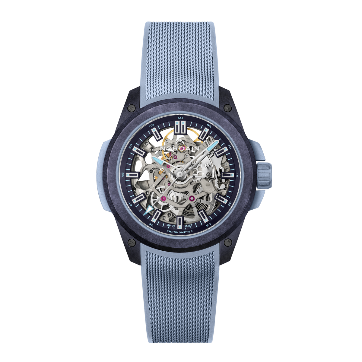 Front view of the Norqain Independence Skeleton Watch with a dark performance case, ice blue rubber strap and open-worked dial revealing the intricate Swiss automatic movement.