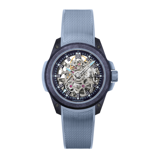 Front view of the Norqain Independence Skeleton Watch with a dark performance case, ice blue rubber strap and open-worked dial revealing the intricate Swiss automatic movement.