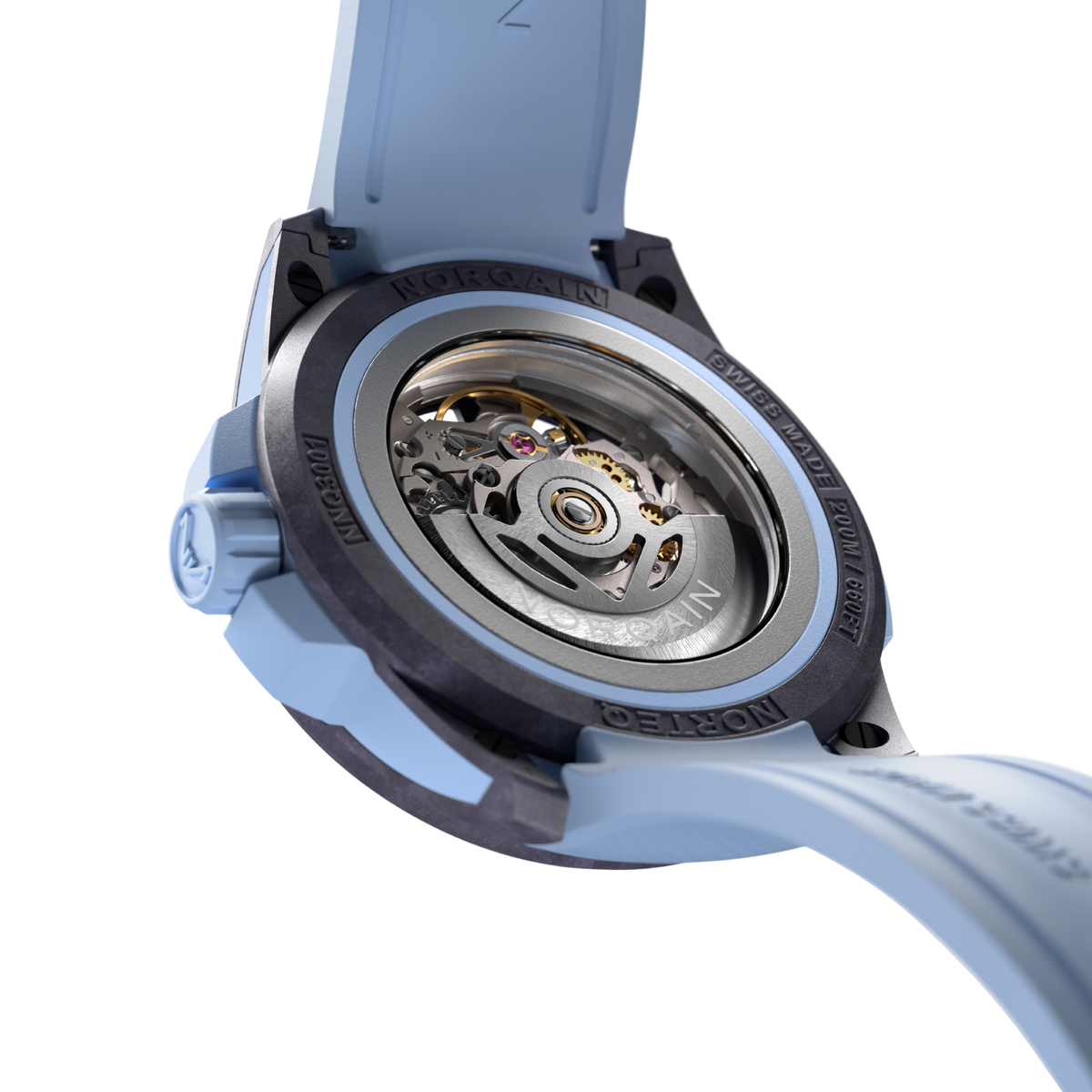 Luxury Norqain Independence Skeleton Automatic watch showcasing a transparent dial, visible gears and movement architecture, paired with an ice blue rubber strap for a modern sporty aesthetic.