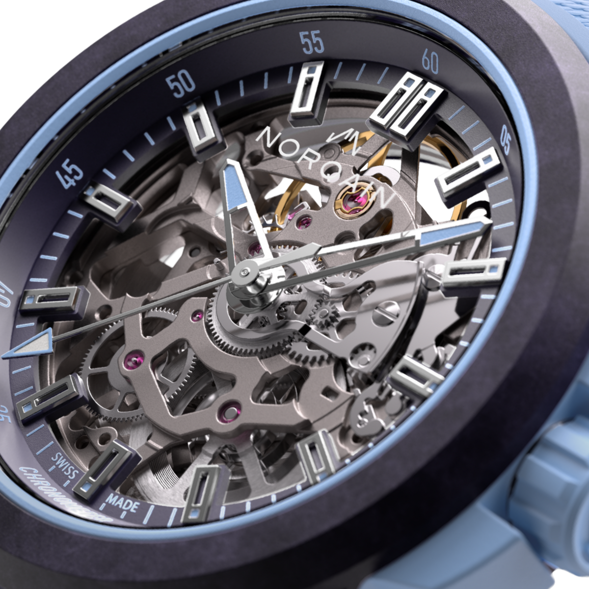 Close-up of a mechanical watch with visible gears and 'Nord' branding.