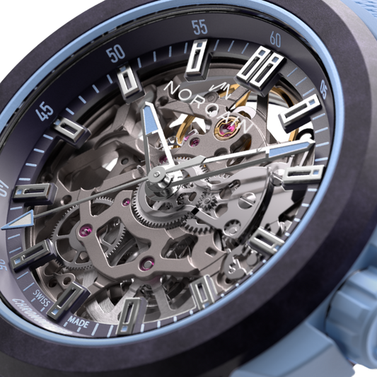 Close-up of a mechanical watch with visible gears and 'Nord' branding.