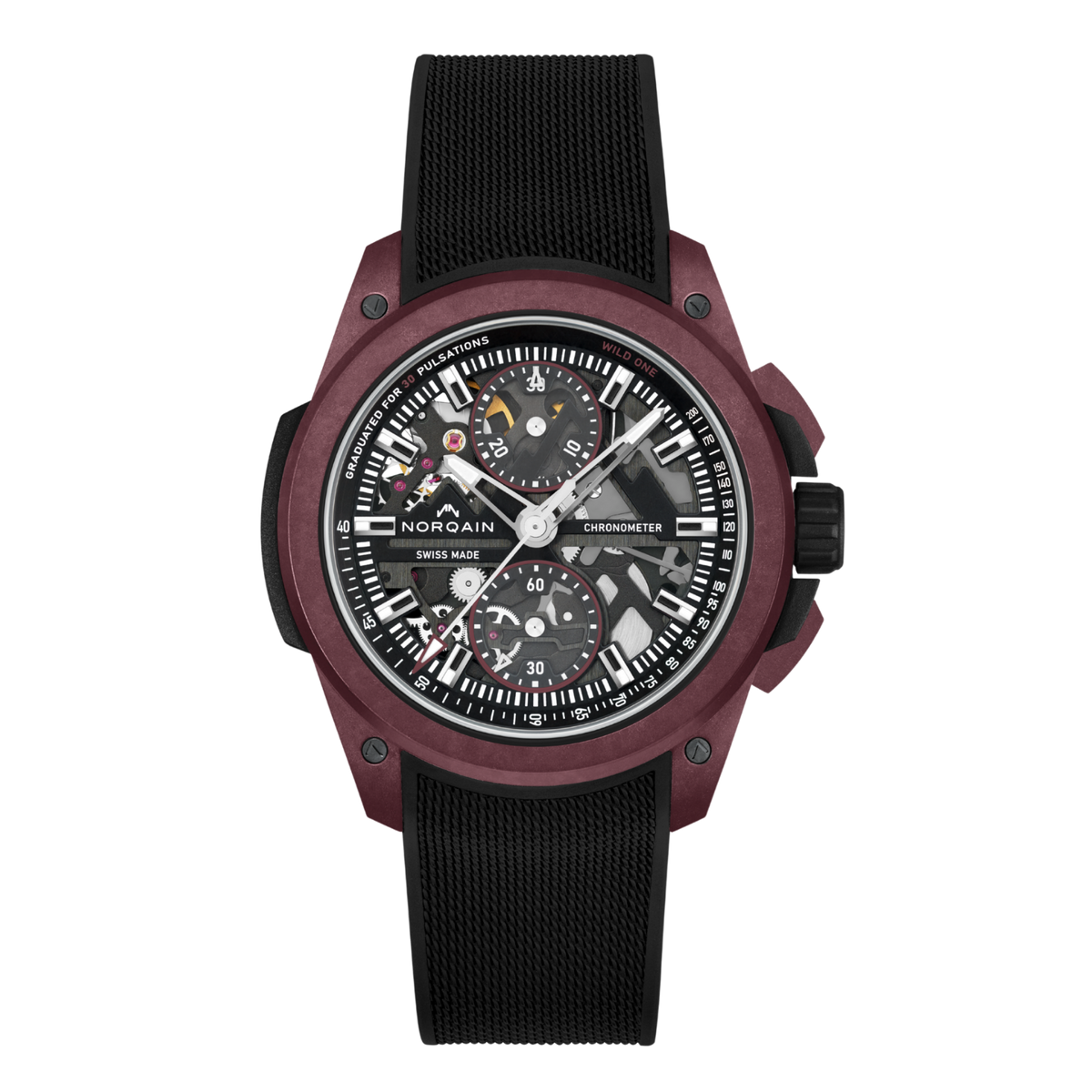 Bold, lightweight and built for adventure, this Wild ONE Skeleton Chrono stands out with its striking burgundy accents and openworked dial. Limited in production, it delivers high performance with a distinctive modern look.
