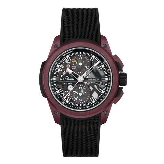 Bold, lightweight and built for adventure, this Wild ONE Skeleton Chrono stands out with its striking burgundy accents and openworked dial. Limited in production, it delivers high performance with a distinctive modern look.
