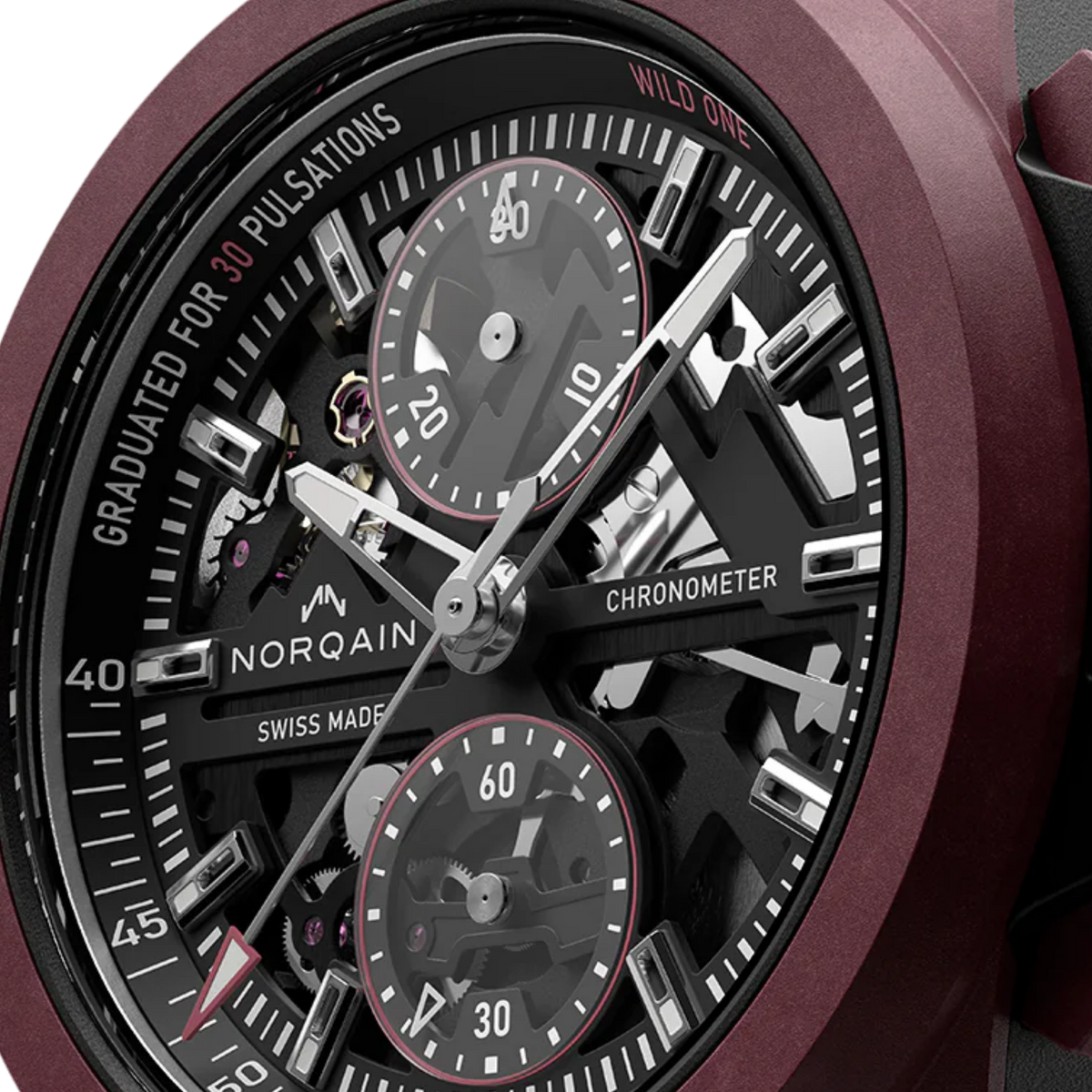 Designed to push boundaries, this 42mm Wild ONE Skeleton Chrono pairs an eye catching burgundy finish with an ultra light, shock resistant case. Its skeleton dial showcases the mechanical movement at the heart of the watch.
