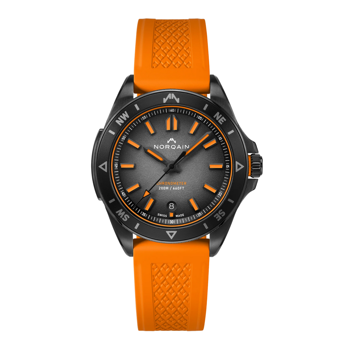 Built for adventure, the NORQAIN Adventure Neverest 40mm pairs a bold black dial with a vibrant orange rubber strap. Limited in production, it combines rugged performance with a fresh, modern look.
