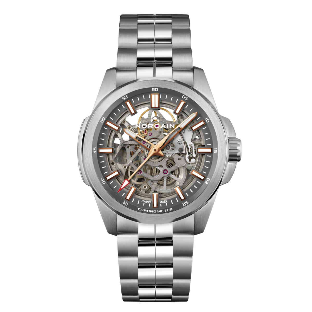 Front view of the Norqain Independence Skeleton Chronometer Watch featuring an open-worked skeleton dial, visible automatic movement, rose gold-tone hands and stainless steel bracelet.