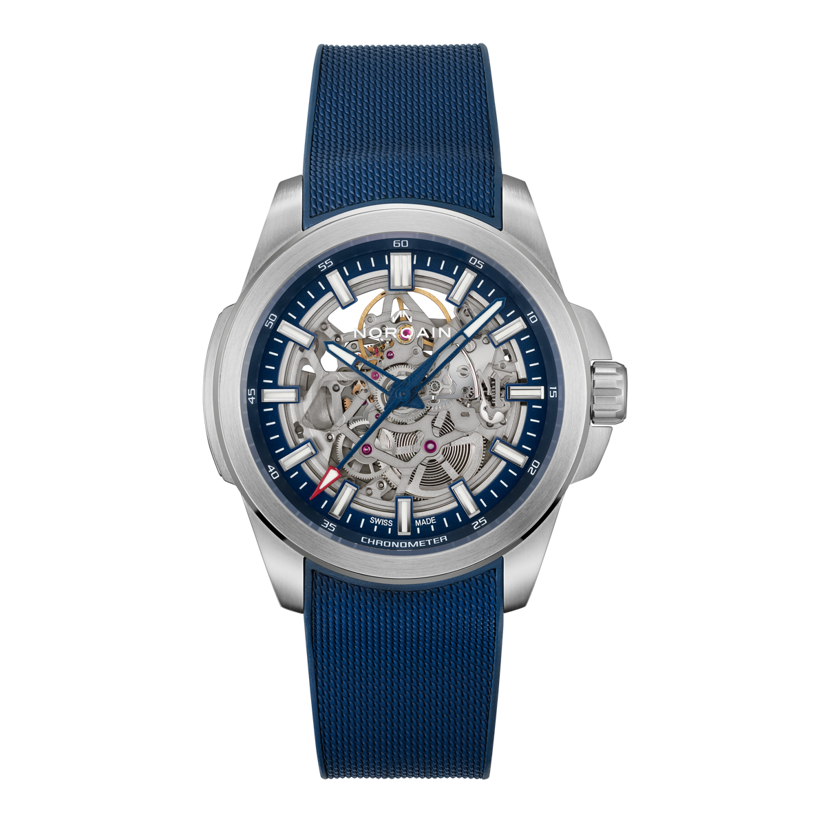 Front view of the Norqain Independence Skeleton Blue Watch featuring an open-worked skeleton dial, blue chapter ring, blue hands, visible automatic movement and textured blue rubber strap.