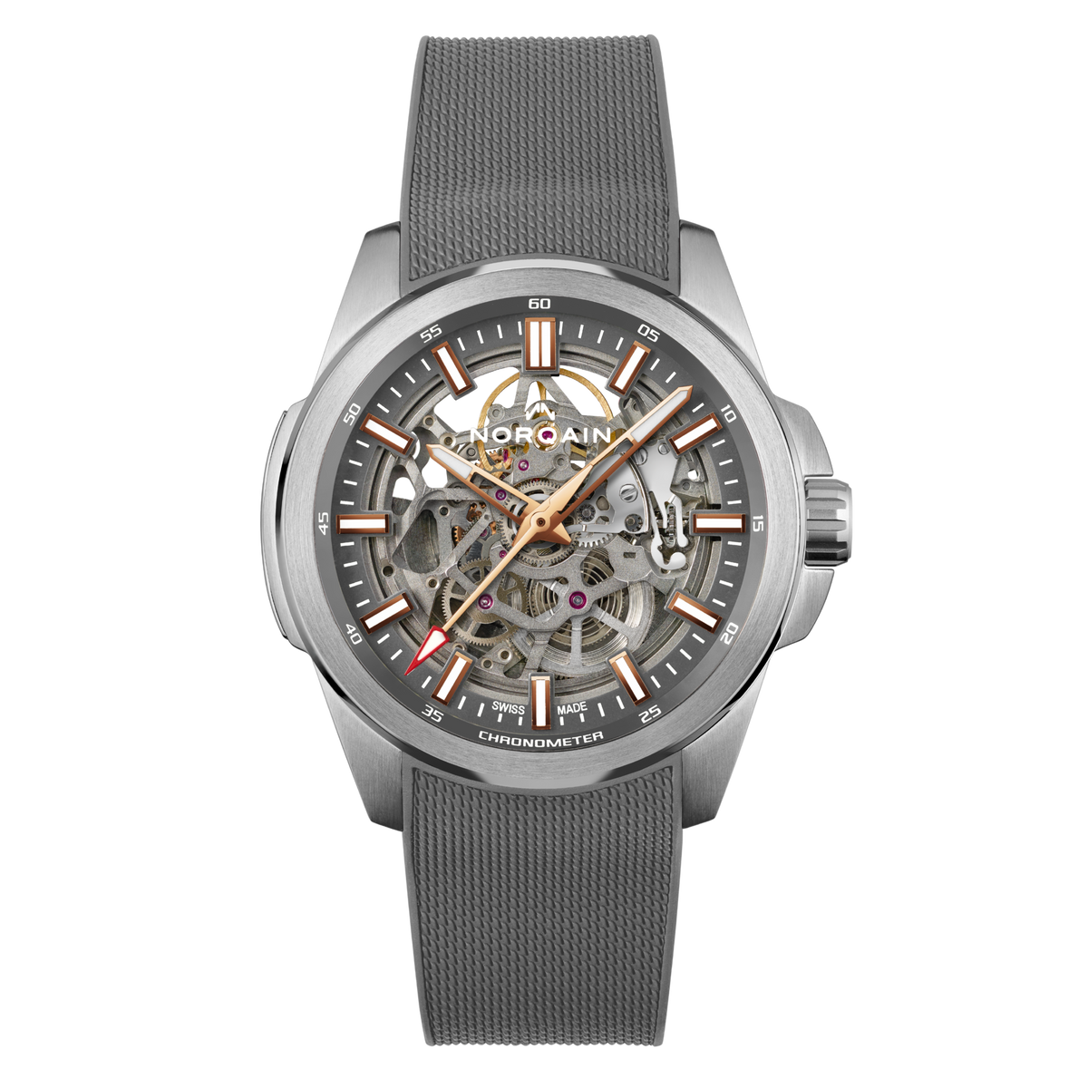 Front view of the Norqain Independence Skeleton Grey Watch featuring an open-worked skeleton dial, grey chapter ring, rose gold-tone hands and markers, and a textured grey rubber strap.