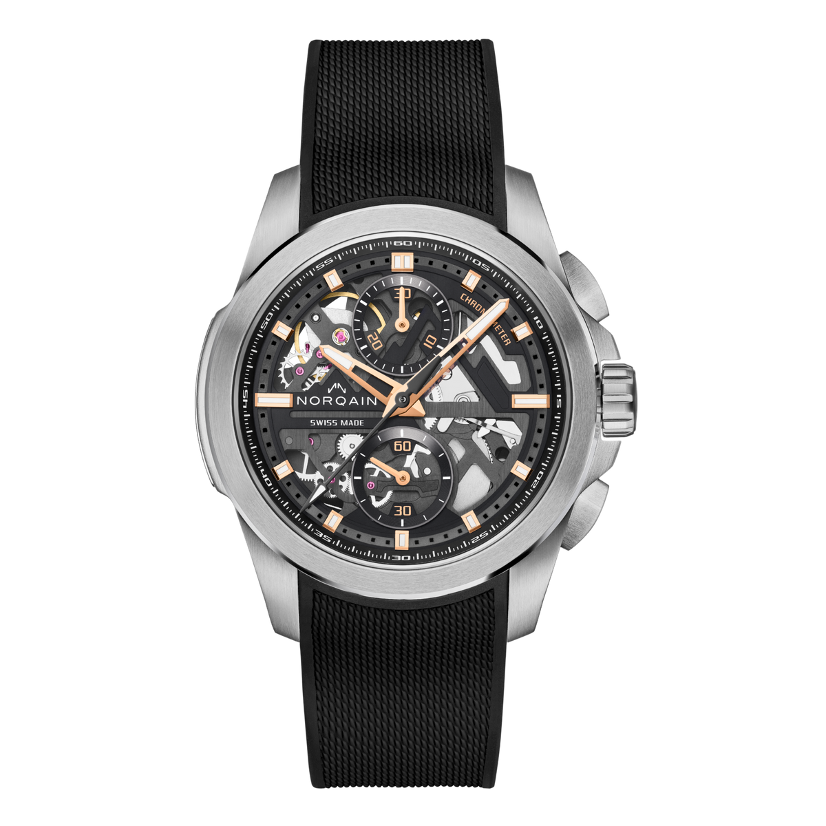 Front view of the Norqain Independence Skeleton Chronograph Watch featuring a black open-worked dial, visible mechanical movement, rose gold-tone accents and a black textured rubber strap.