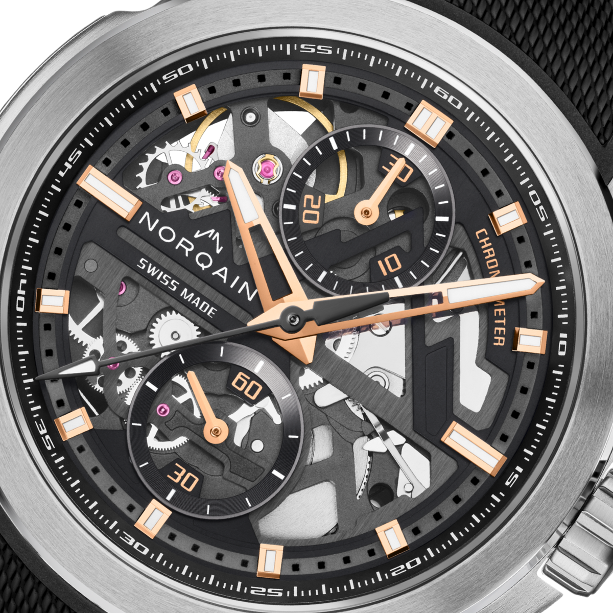 uxury sports watch by Norqain with a skeleton chronograph display, black open-worked dial, rose gold-tone hour markers, stainless steel case and performance-focused rubber strap design.