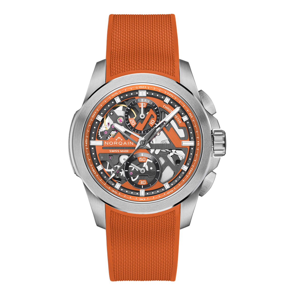 Front view of the Norqain Independence Skeleton Chronograph Watch featuring a vibrant orange open-worked dial, exposed automatic movement and matching orange rubber strap.