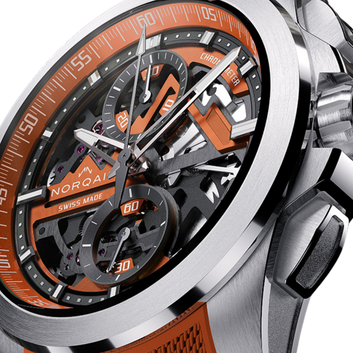 Close-up of the Norqain skeleton chronograph showcasing visible mechanical components, orange chronograph counters, stainless steel case and sporty textured rubber strap.