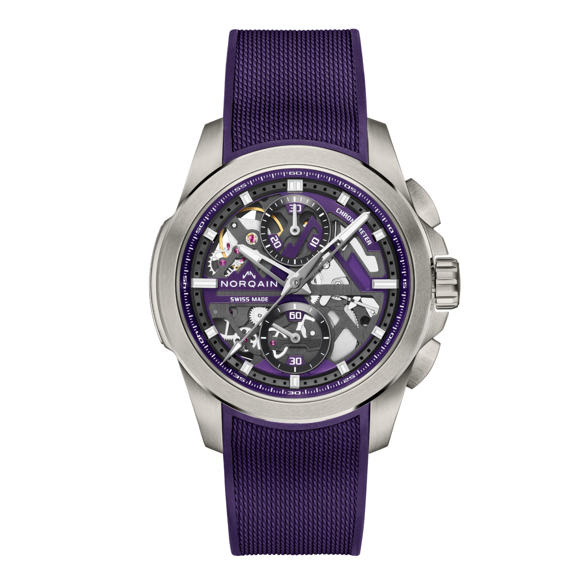 Front view of the Norqain Freedom Skeleton Chronograph Watch featuring a striking purple open-worked dial, exposed Swiss mechanical movement and matching purple rubber strap.