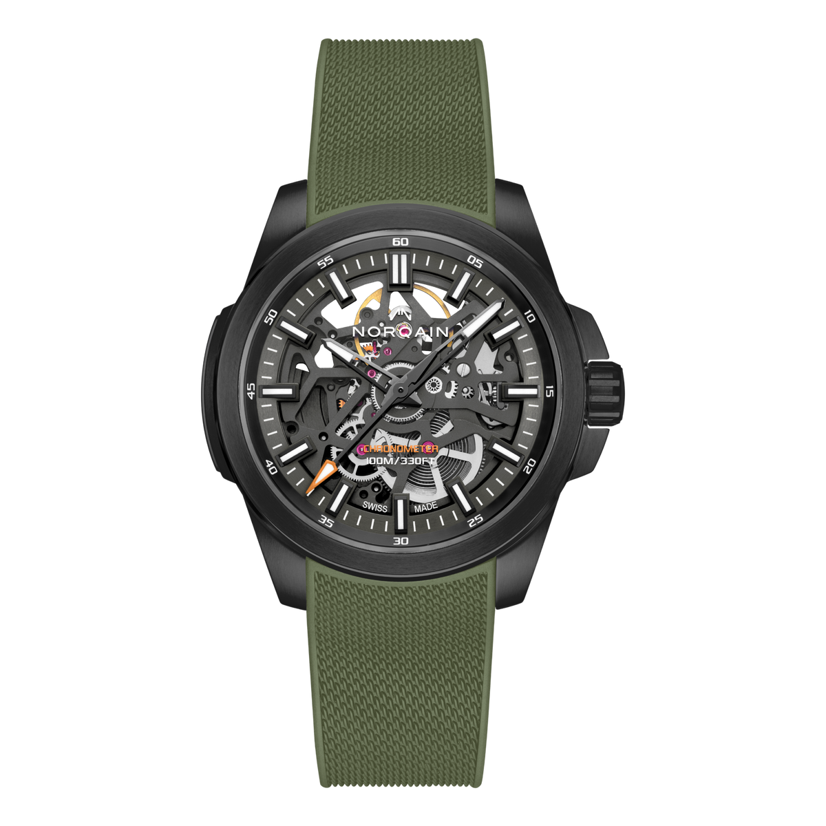 Front view of the Norqain Independence Skeleton Watch featuring a black DLC-coated case, open-worked black dial, visible automatic movement and khaki green rubber strap.