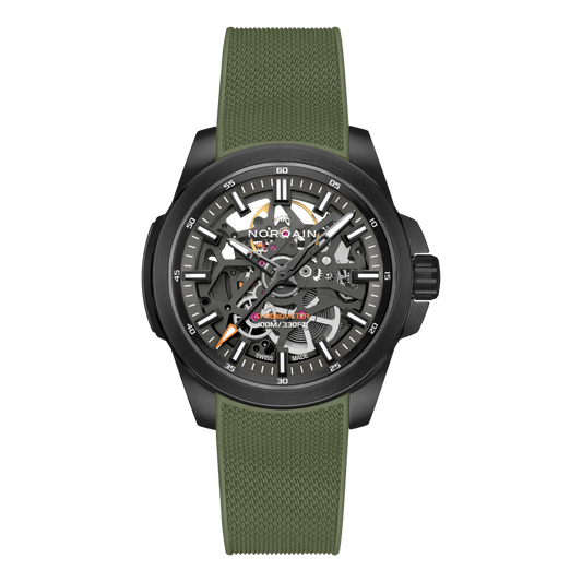 Front view of the Norqain Independence Skeleton Watch featuring a black DLC-coated case, open-worked black dial, visible automatic movement and khaki green rubber strap.