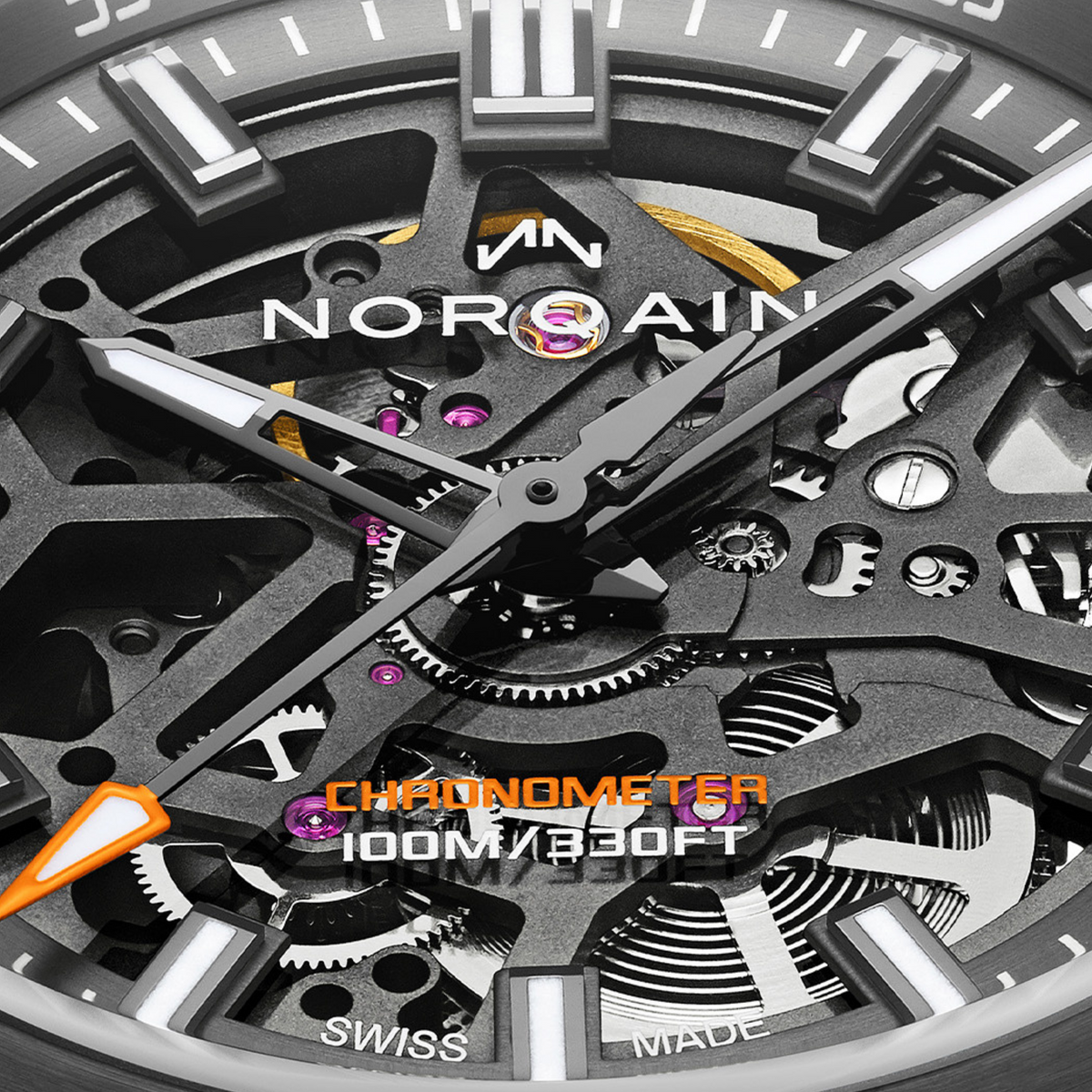Close-up of the Norqain skeleton automatic watch showcasing exposed mechanical components, grey and black movement architecture, luminous hands and a rugged green rubber strap.