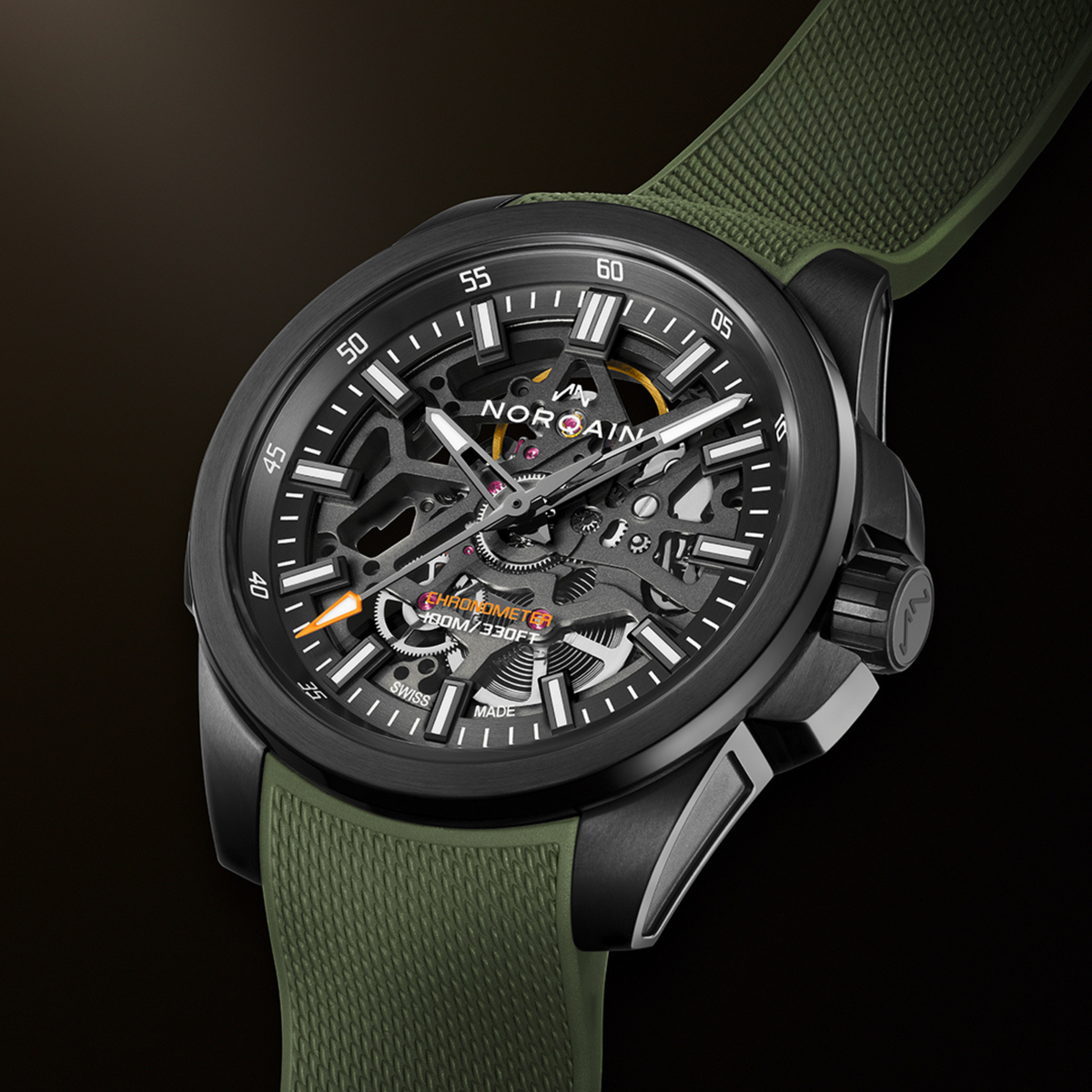 Detailed view of the Norqain Independence Black Skeleton Dial Watch highlighting the transparent dial design, Swiss automatic movement, black performance case and sporty outdoor-inspired styling.