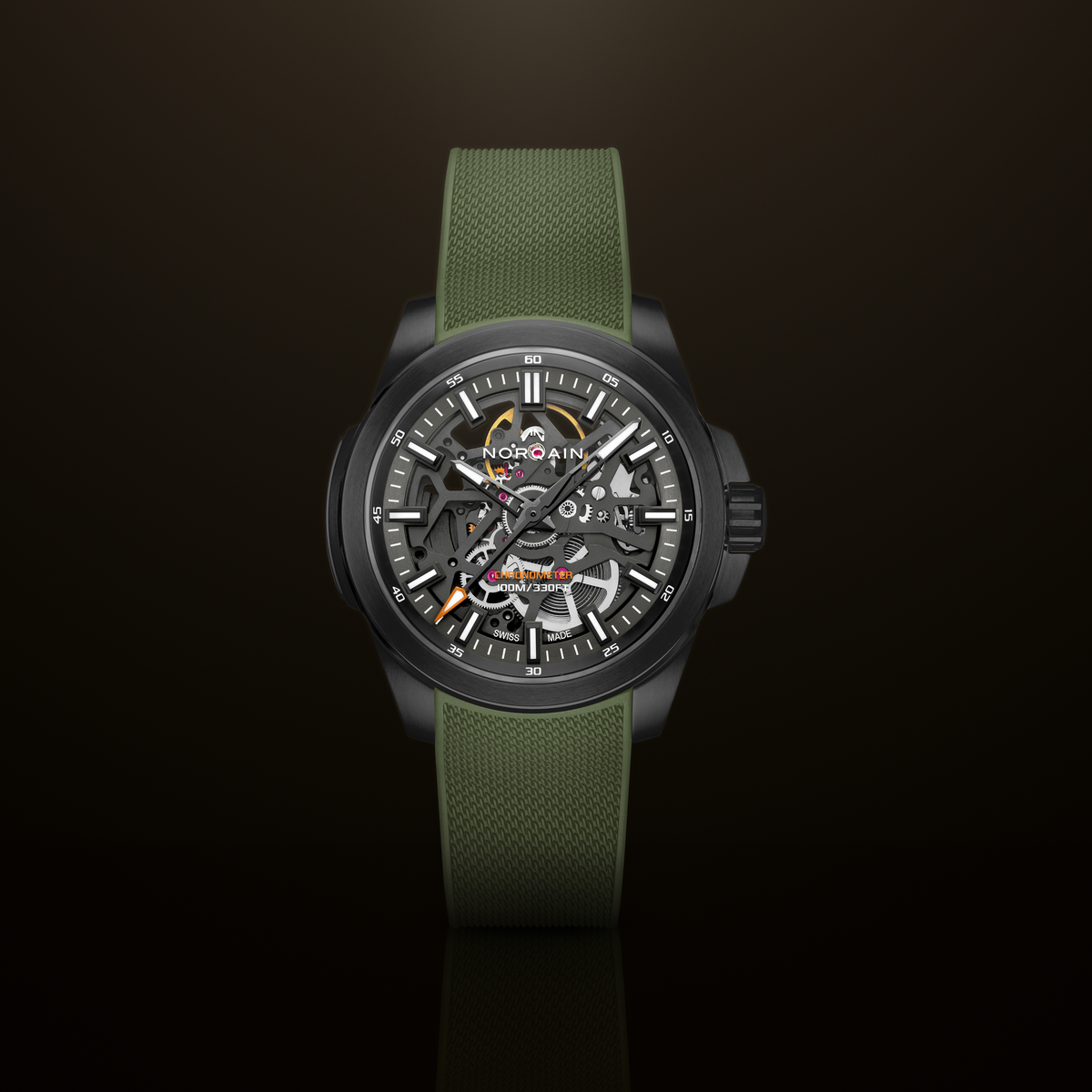Luxury Norqain sports watch with a skeletonised black dial, visible gears and balance wheel, black DLC case finish and textured khaki green rubber strap for everyday adventure wear.