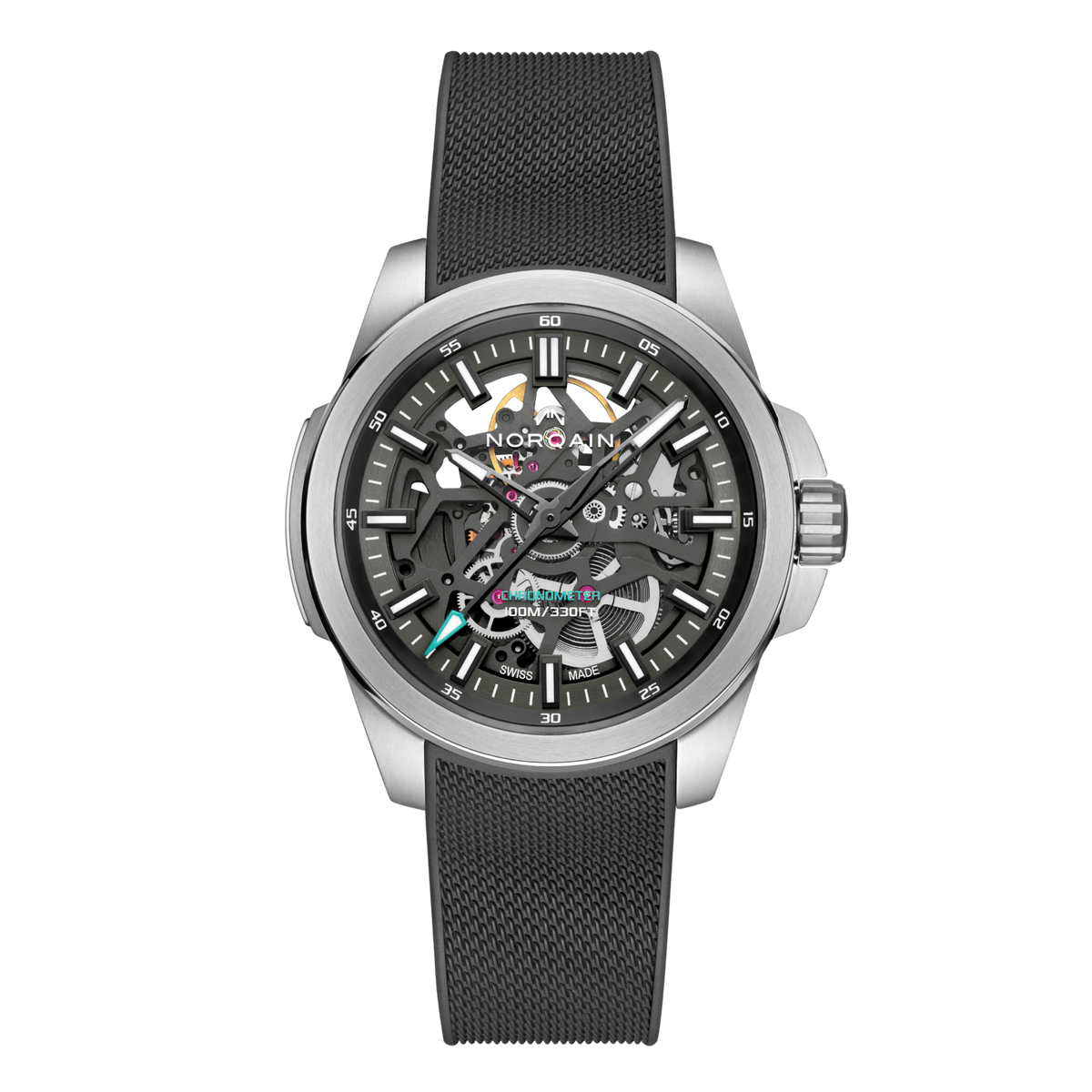 Front view of the Norqain Independence Skeleton Chronograph Watch featuring a black open-worked dial, visible mechanical movement, rose gold-tone accents and a black textured rubber strap.