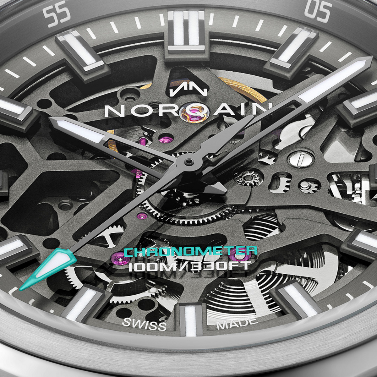 Close-up of the Norqain automatic skeleton chronograph showcasing exposed gears, twin chronograph sub-dials, luminous rose gold-tone hands and a brushed stainless steel case.