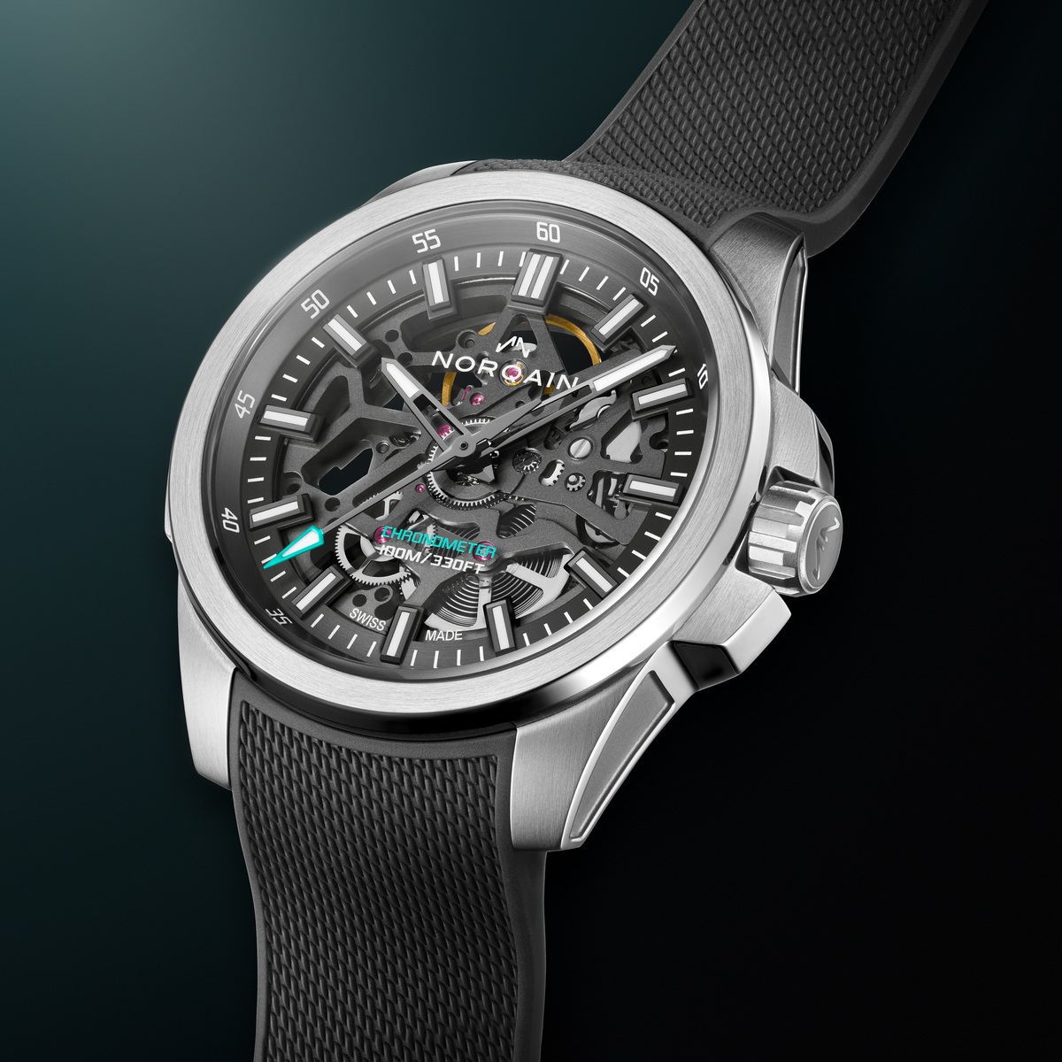 Luxury sports watch by Norqain with a skeleton chronograph display, black open-worked dial, rose gold-tone hour markers, stainless steel case and performance-focused rubber strap design.