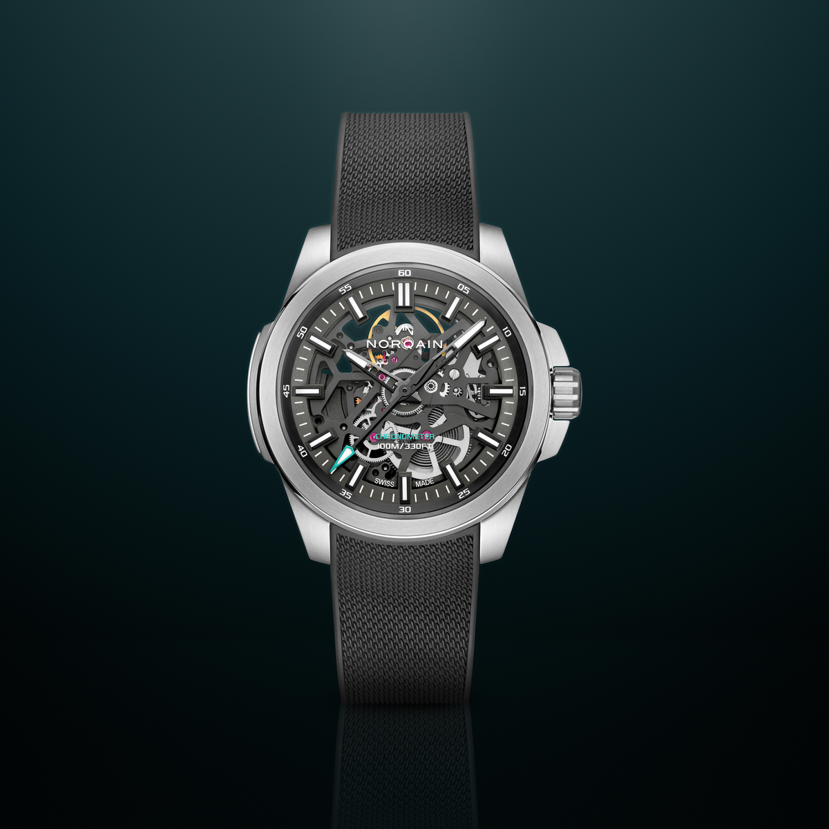 Luxury watch with a black strap and visible brand name on a dark background