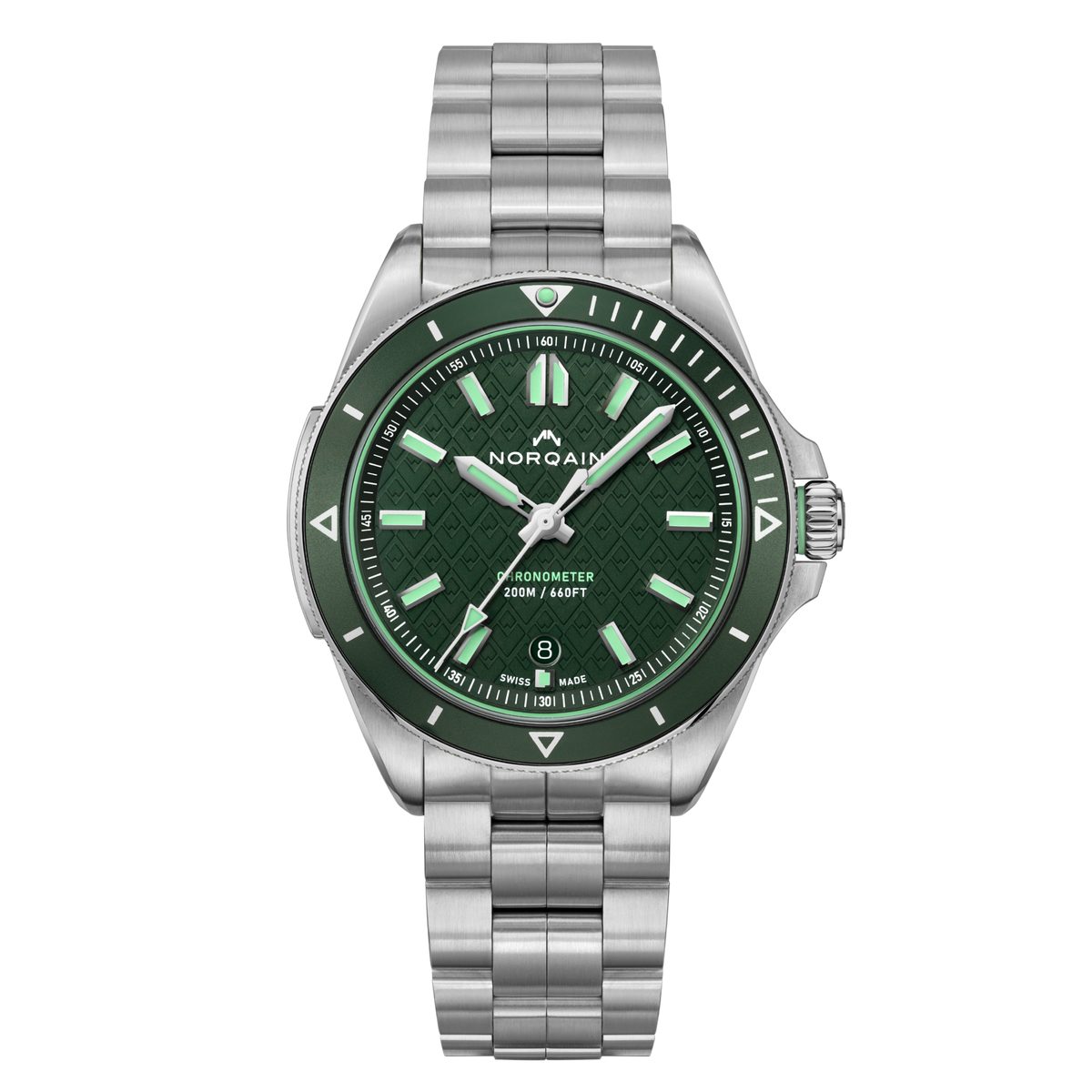 Front view of the Norqain Adventure Sport 42mm Green Dial Watch featuring a textured green dial, matching green bezel, luminous baton hour markers and stainless steel bracelet.
