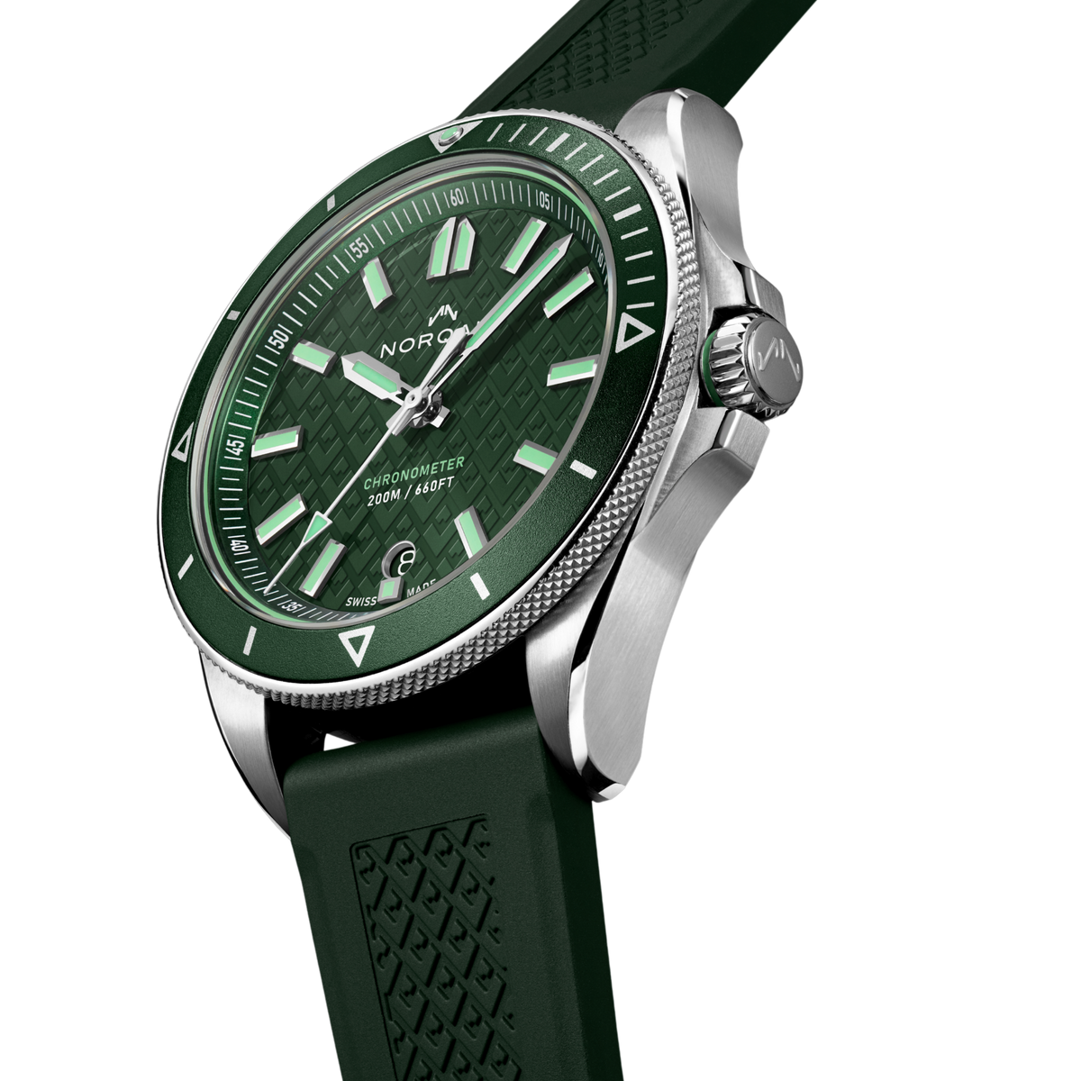 Angled view of the Norqain Adventure Sport Green Dial Watch showcasing the patterned green dial, brushed stainless steel case, date display at 6 o’clock and unidirectional green bezel.
