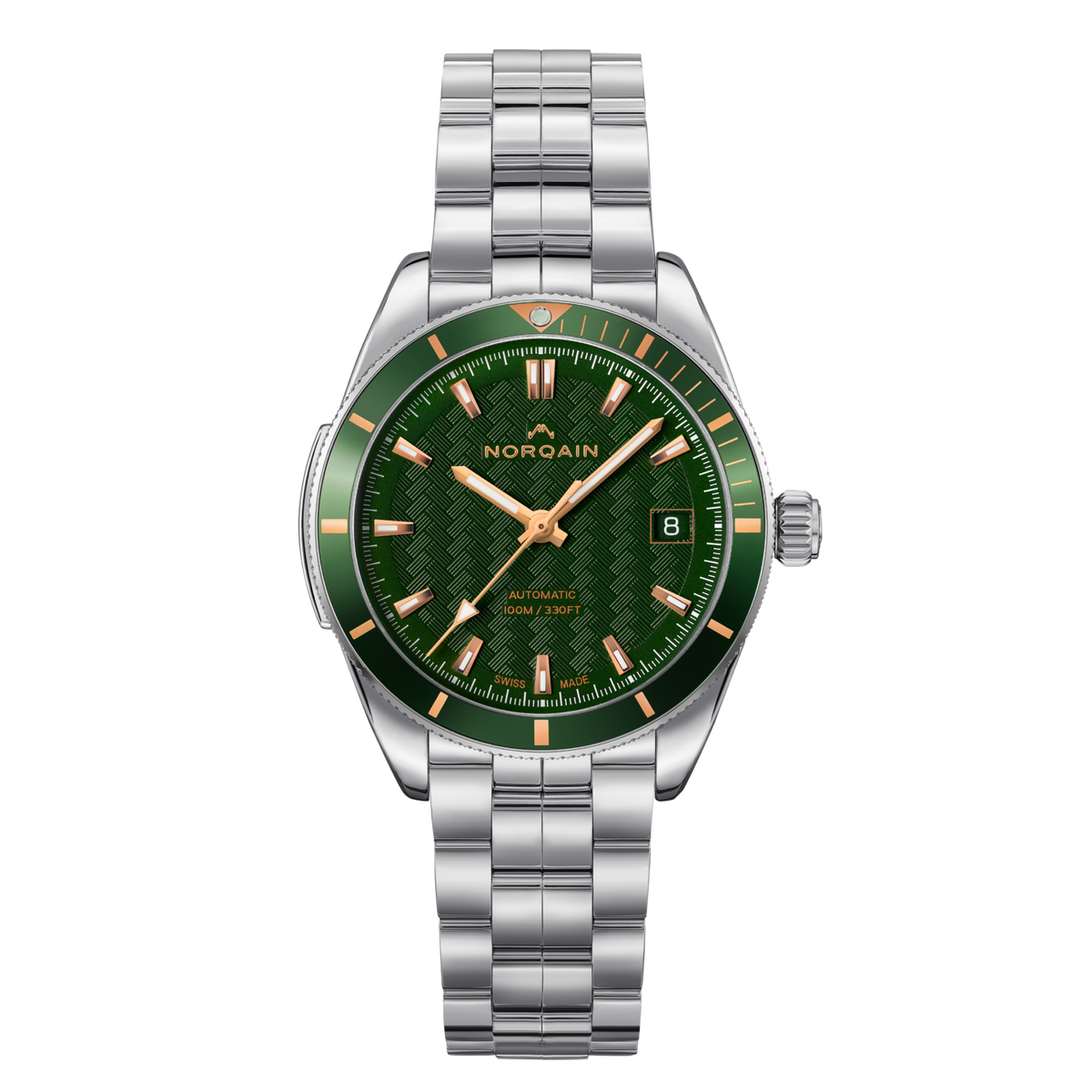 Front view of the Norqain Independence Green Dial Watch featuring a textured green dial, matching green bezel, rose gold-tone hour markers, date window and stainless steel bracelet.