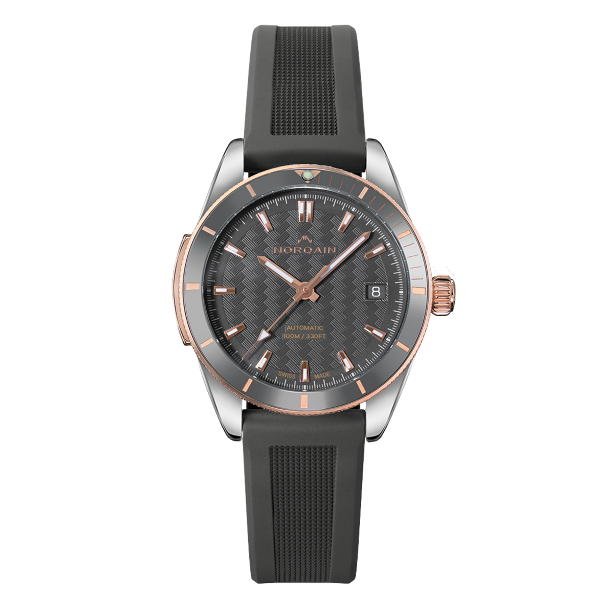 Front view of the Norqain Independence Grey Dial Watch featuring a textured grey dial, rose gold-tone accents, black rubber strap, date window and automatic Swiss movement.