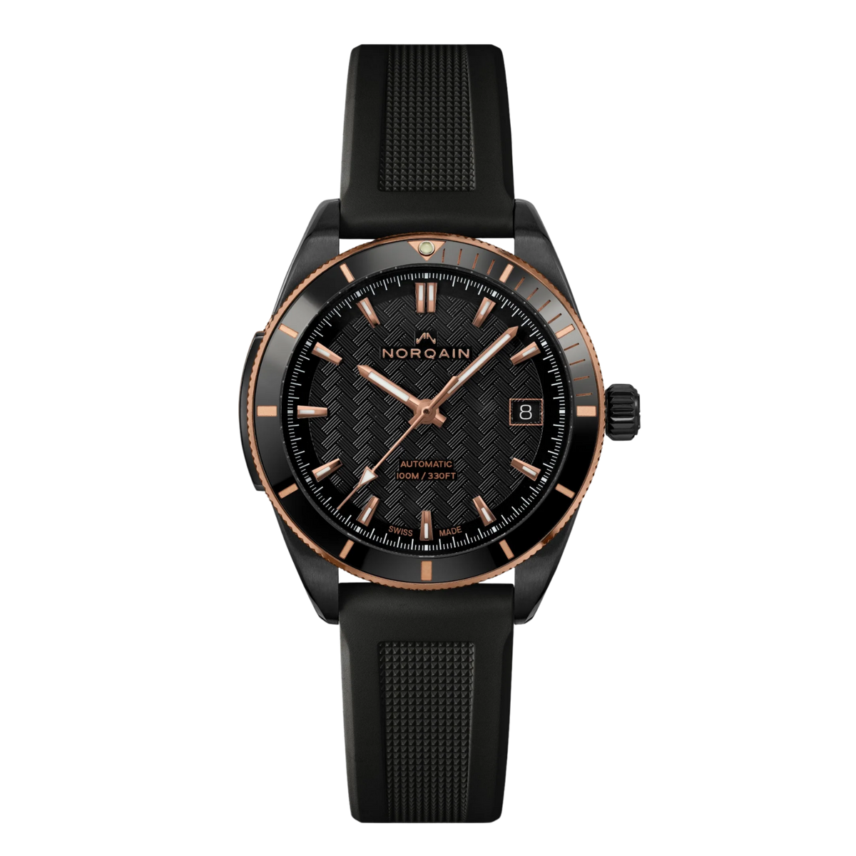 Blending sporty performance with refined detailing, this Adventure Sport features a black DLC coated case, an 18ct red gold bezel and a textured black dial. Built for everyday adventures with a distinctive modern edge.