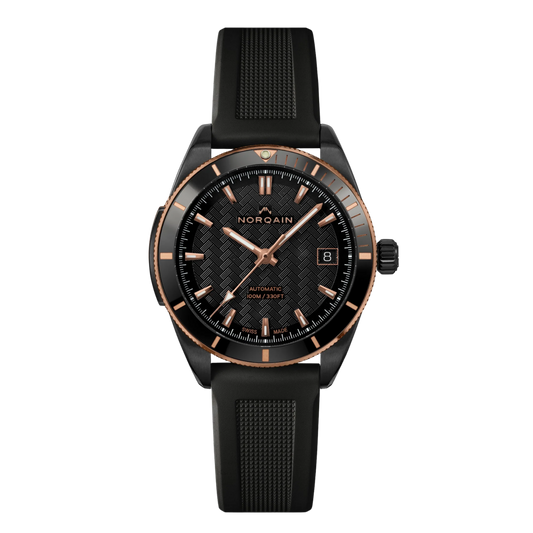 Blending sporty performance with refined detailing, this Adventure Sport features a black DLC coated case, an 18ct red gold bezel and a textured black dial. Built for everyday adventures with a distinctive modern edge.