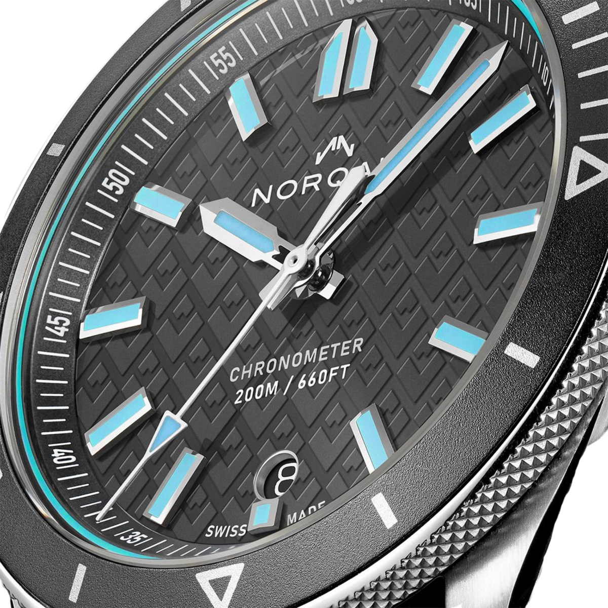 NORQAIN Adventure 40mm Swiss automatic watch featuring a grey mountain dial, steel case and integrated stainless steel bracelet