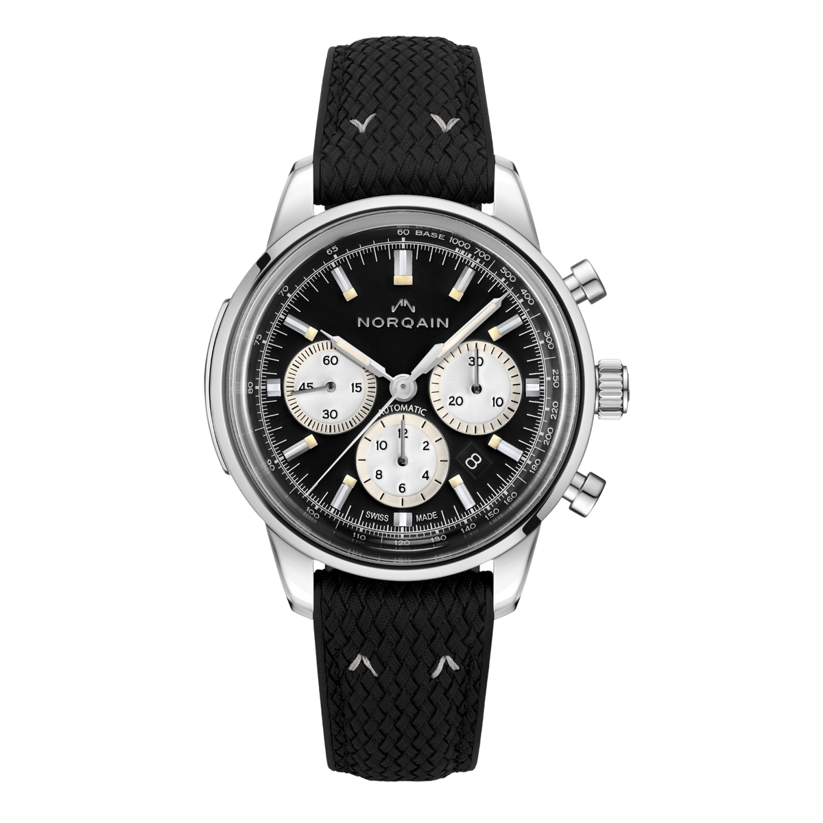 front view of the Norqain Freedom 60 Chronograph Black Dial Watch featuring a vintage-inspired black dial, contrasting silver chronograph sub-dials, date display and black braided strap.