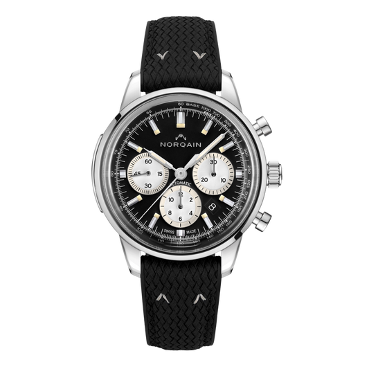 front view of the Norqain Freedom 60 Chronograph Black Dial Watch featuring a vintage-inspired black dial, contrasting silver chronograph sub-dials, date display and black braided strap.