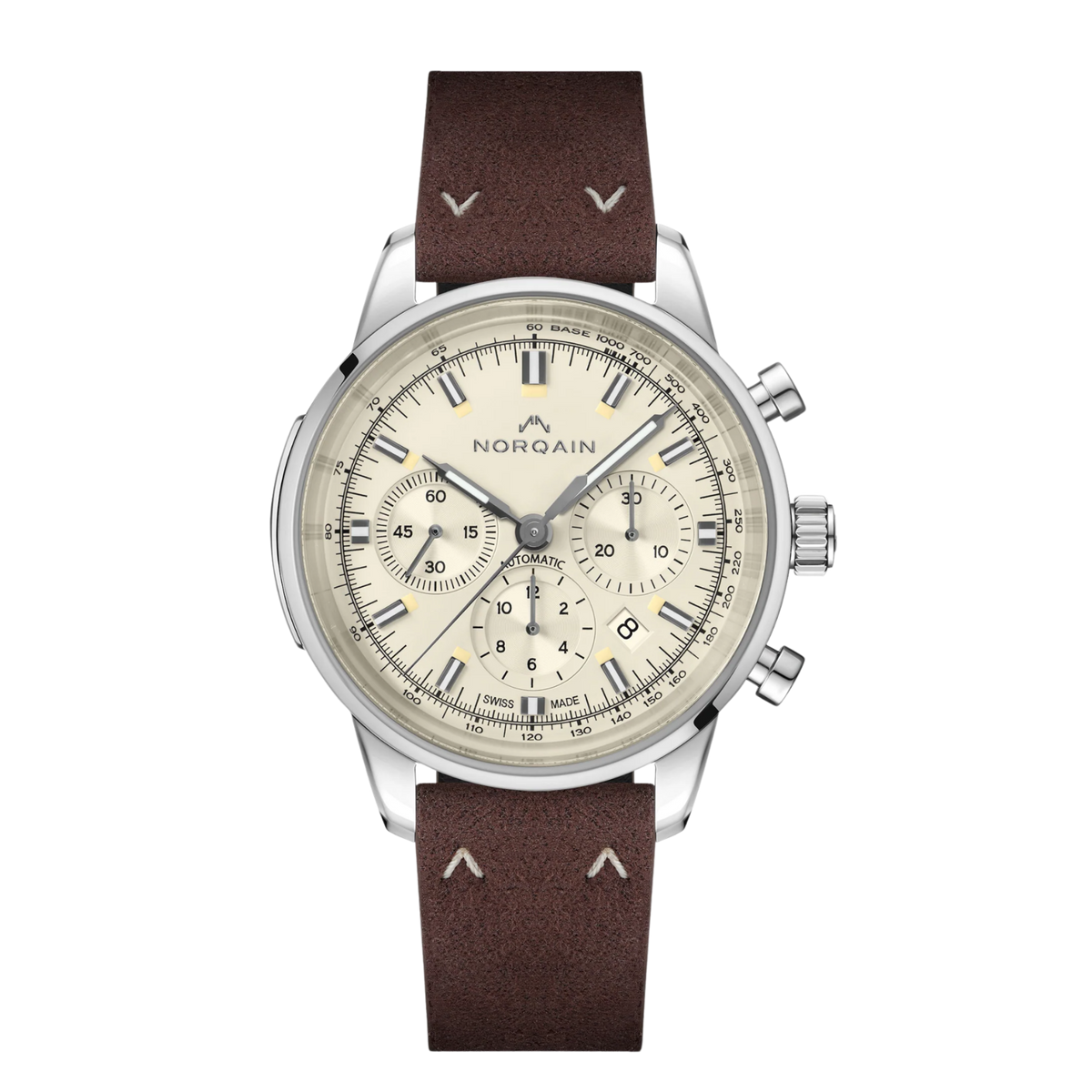 Vintage inspired and full of character, the Freedom 60 Chrono features a warm cream dial paired with a rich brown strap. A classic looking chronograph that feels relaxed, refined and easy to wear every day.
