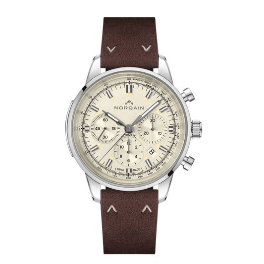 Vintage inspired and full of character, the Freedom 60 Chrono features a warm cream dial paired with a rich brown strap. A classic looking chronograph that feels relaxed, refined and easy to wear every day.
