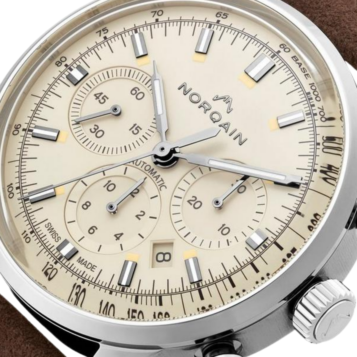 With its cream toned dial and brown leather strap, this Freedom 60 Chrono has a timeless, slightly retro feel. The 43mm case keeps it bold while still sitting comfortably on the wrist.

