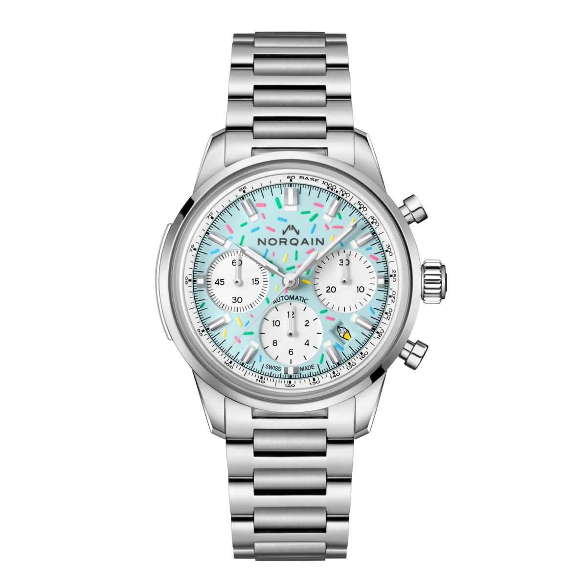 A standout chronograph with a bright blue dial covered in playful “sprinkles” detailing. The Freedom Chrono 40mm blends Swiss precision with a fun, limited edition design that feels fresh and full of character.