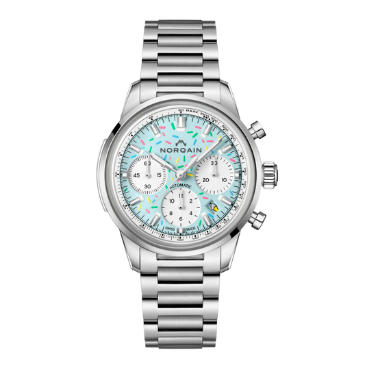 A standout chronograph with a bright blue dial covered in playful “sprinkles” detailing. The Freedom Chrono 40mm blends Swiss precision with a fun, limited edition design that feels fresh and full of character.