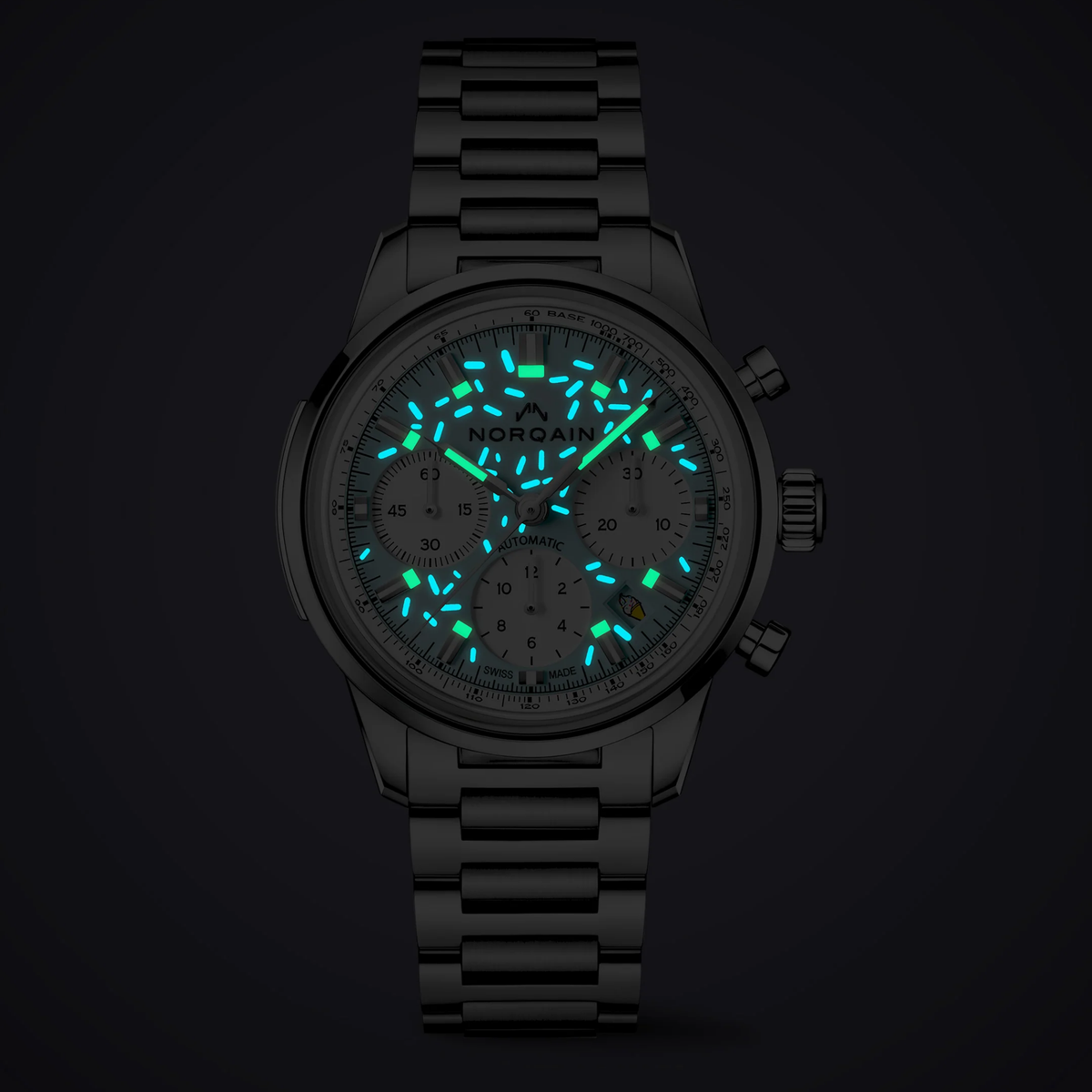 The “Enjoy Life Sprinkles” edition mixes serious Swiss watchmaking with a light-hearted design twist. A 40mm steel case, chronograph layout and colourful dial make it both functional and eye-catching.
