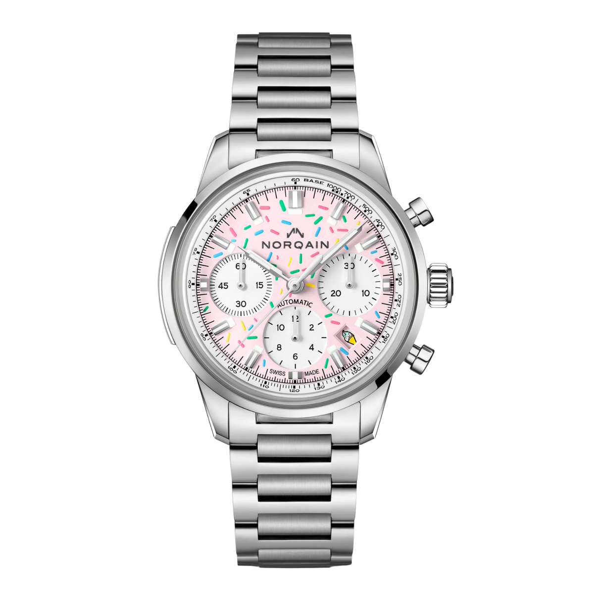 Playful and eye catching, this Freedom Chrono features a soft pink dial with colourful “sprinkles” detailing. A fun limited edition design that still delivers proper Swiss automatic chronograph performance.