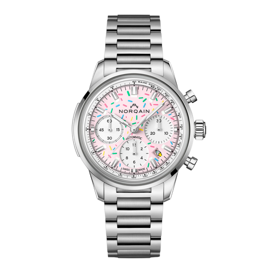 Playful and eye catching, this Freedom Chrono features a soft pink dial with colourful “sprinkles” detailing. A fun limited edition design that still delivers proper Swiss automatic chronograph performance.